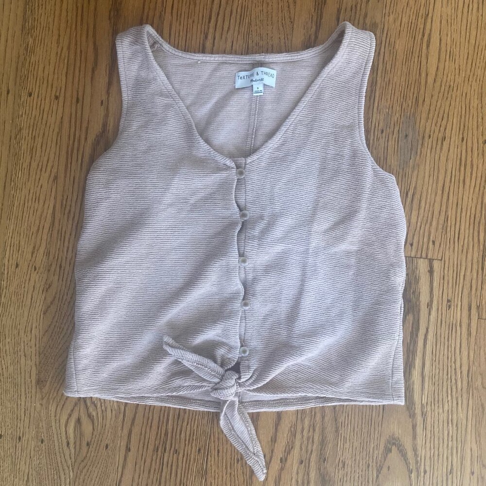 Texture & Thread Button-Front Tie Tank Top, "Telluride Stone", Size Small